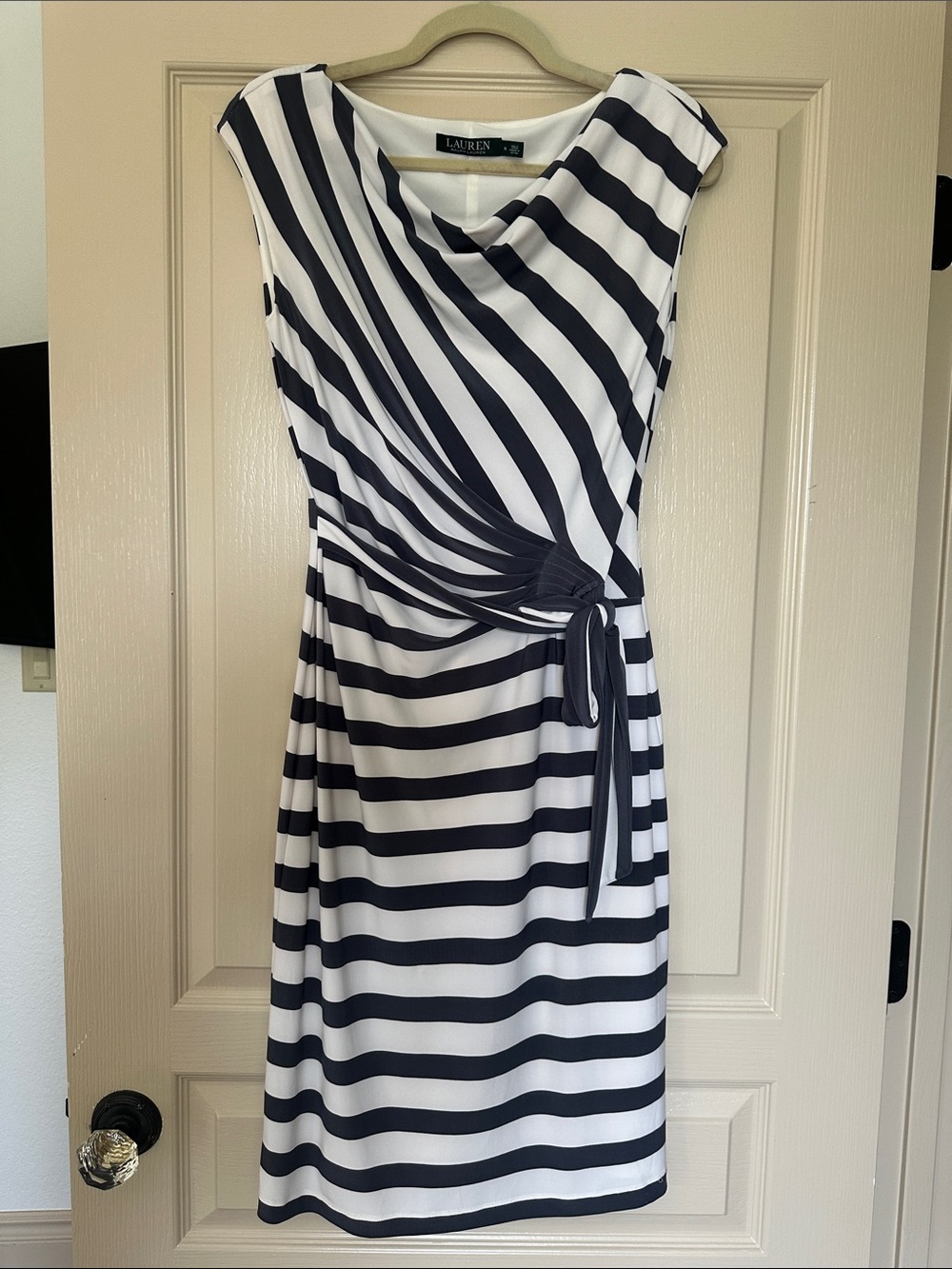 Lauren Ralph Lauren Navy and White Striped Tie-Waist Midi Dress